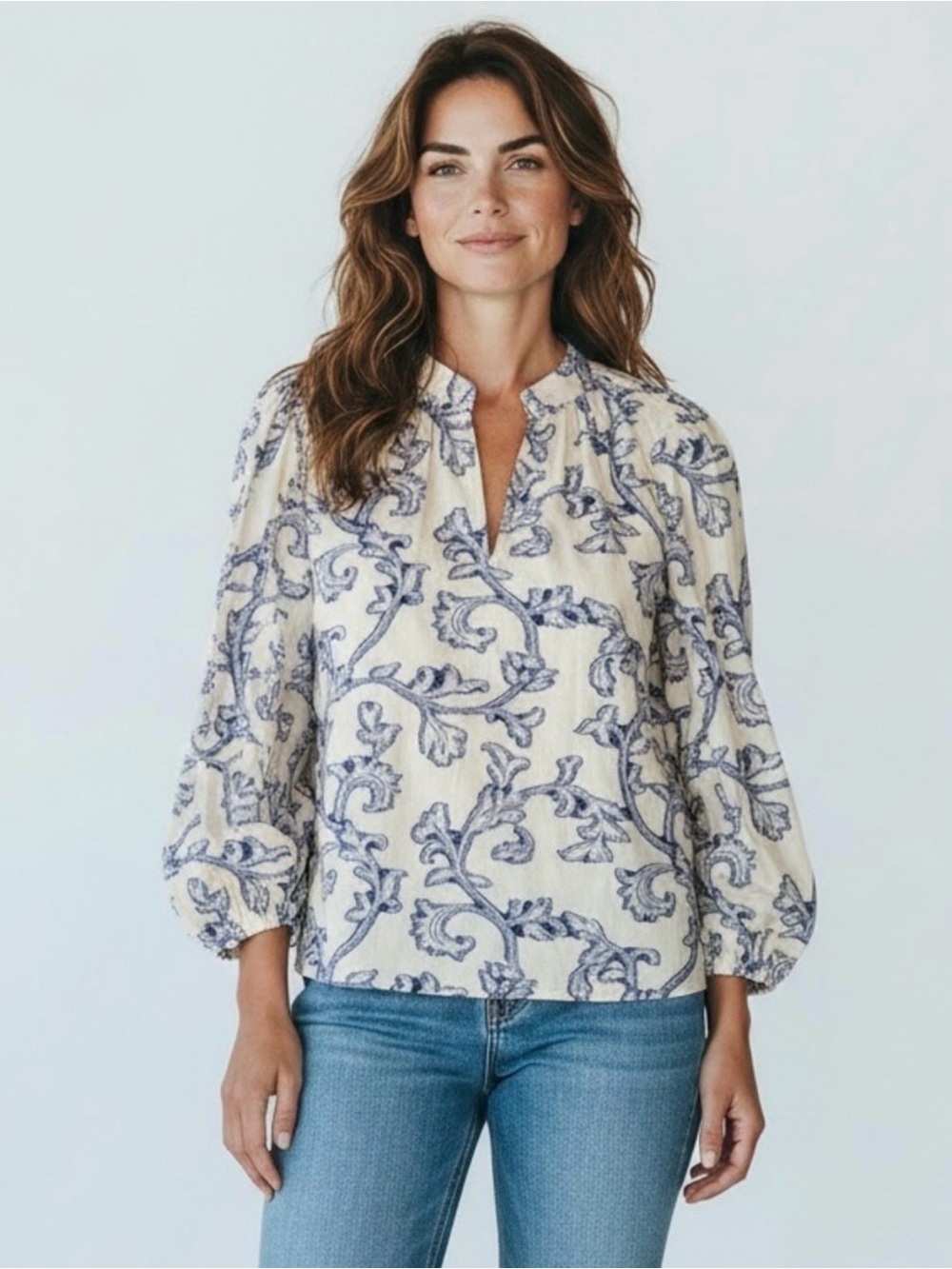 NWT LOFT Lightweight Textured Floral Print Peasant Blouse Small Balloon Sleeve